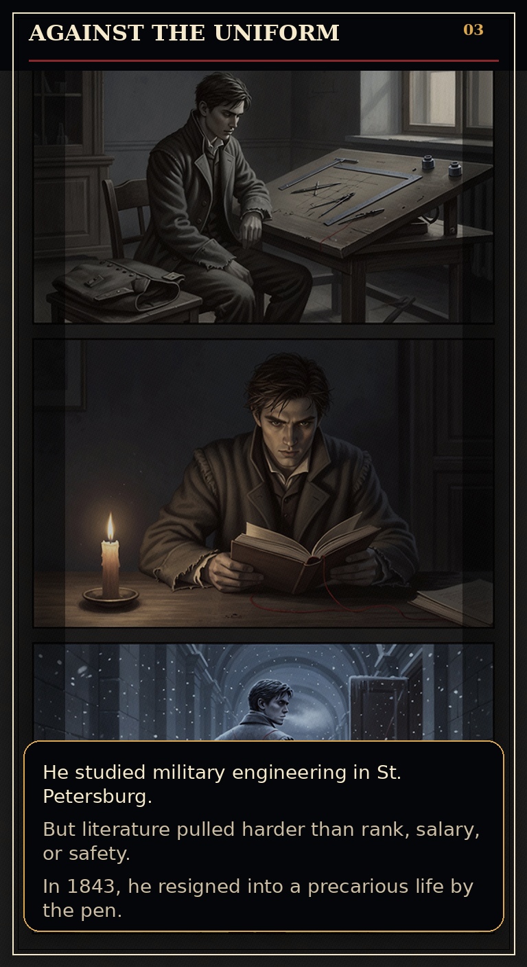 Page 3 of Fyodor Mikhailovich Dostoyevsky: Borrowed Time - The young writer resists the uniform path expected of him.
