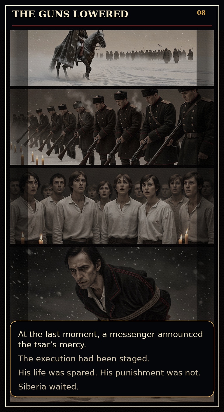 Page 8 of Fyodor Mikhailovich Dostoyevsky: Borrowed Time - The guns lower after a last-minute reprieve.